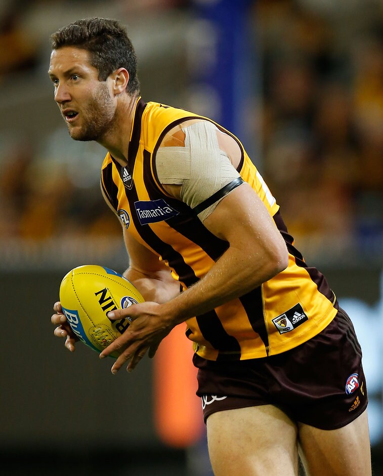 AFL 2016 Rd 05 - Hawthorn v Adelaide MELBOURNE, AUSTRALIA - APRIL 22: James Frawley of the Hawks in action during the 2016 AFL Round 05 match between the Hawthorn Hawks and the Adelaide Crows at the Melbourne Cricket Ground, Melbourne on April 22, 2016. (Photo by Michael Willson/AFL Media)